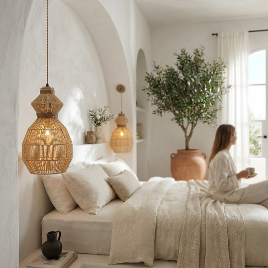 Opaline Rattan Geometric Pendant Light, Coastal Boho Handwoven Natural Shade