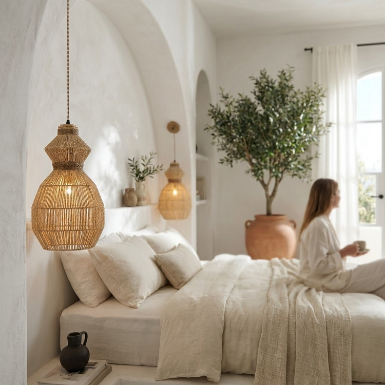 Opaline Rattan Geometric Pendant Light, Coastal Boho Handwoven Natural Shade