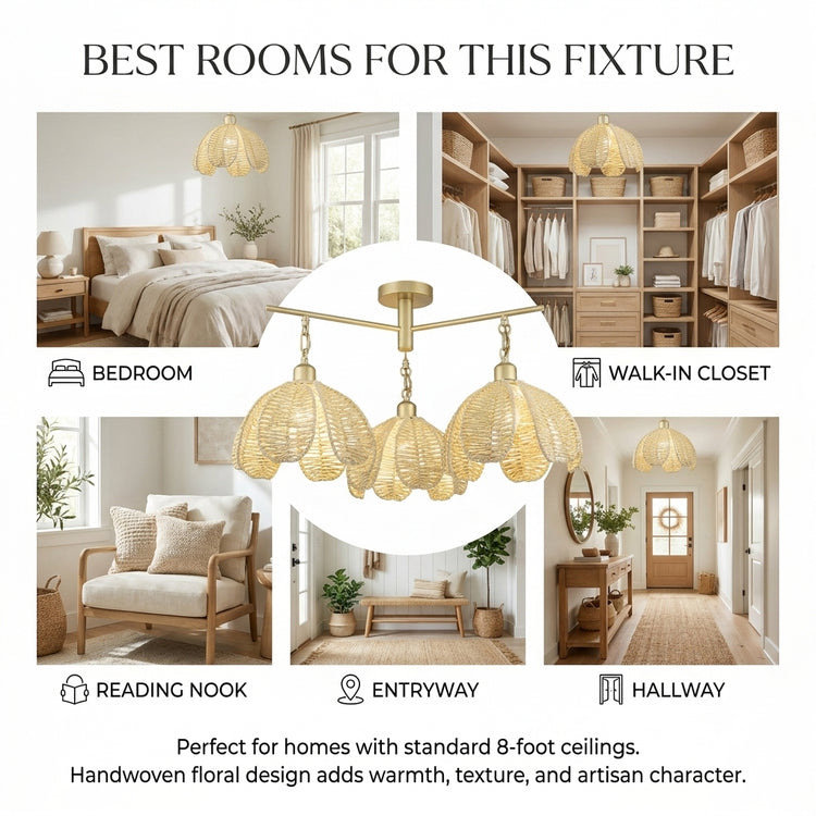 Cali 3-Light Rattan Floral Semi Flush Mount, Coastal Boho - Handwoven