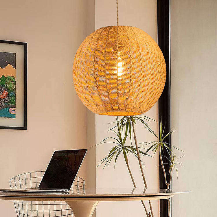 This modern natural wicker globe ball pendant features bohemian style indoor pendant lights